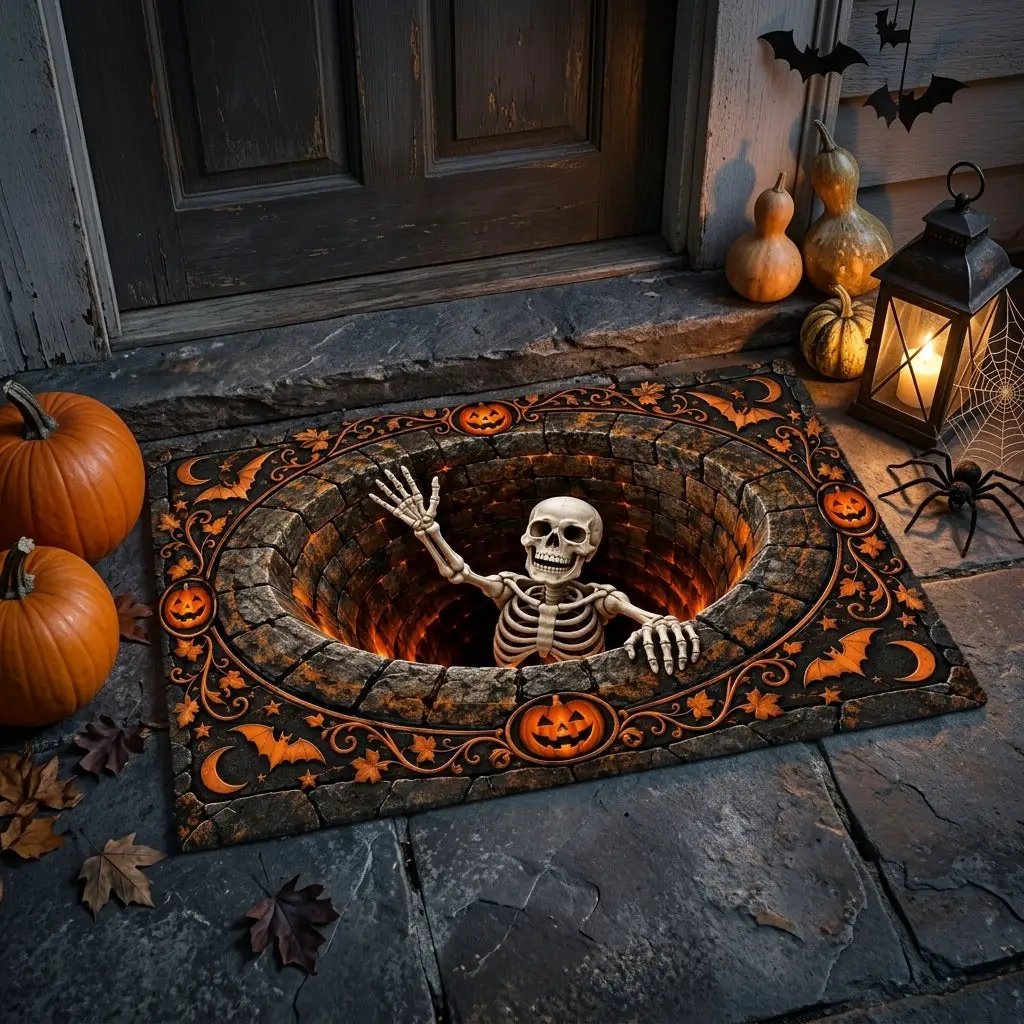 Skeleton Halloween 3D Doormat, Skeleton Pit Illusion Door Mat, Spooky Halloween Welcome Mat, Pumpkin Gothic Porch Decor