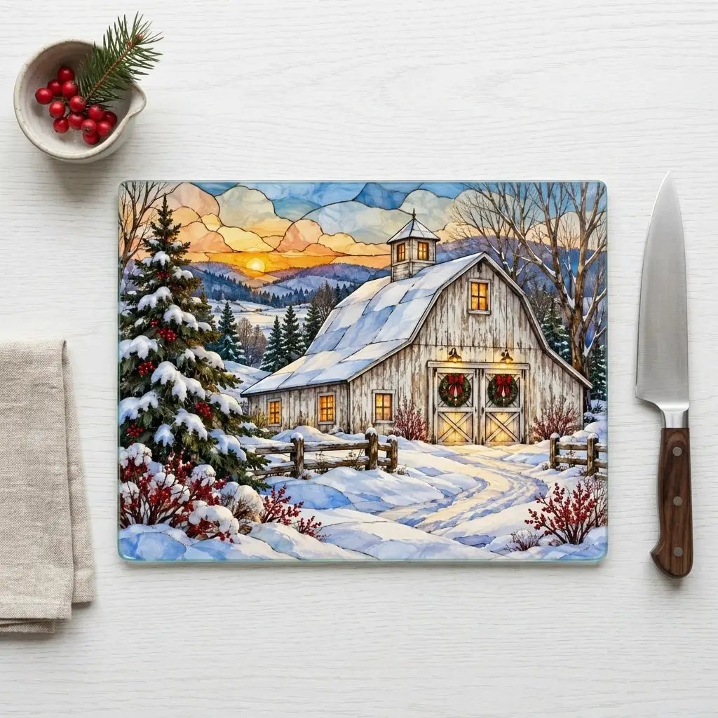 White Barn Glass Cutting Board, Christmas Farmhouse Decor, Winter Country Kitchen, Rustic Holiday Gift, Snowy Barn Christmas Decor