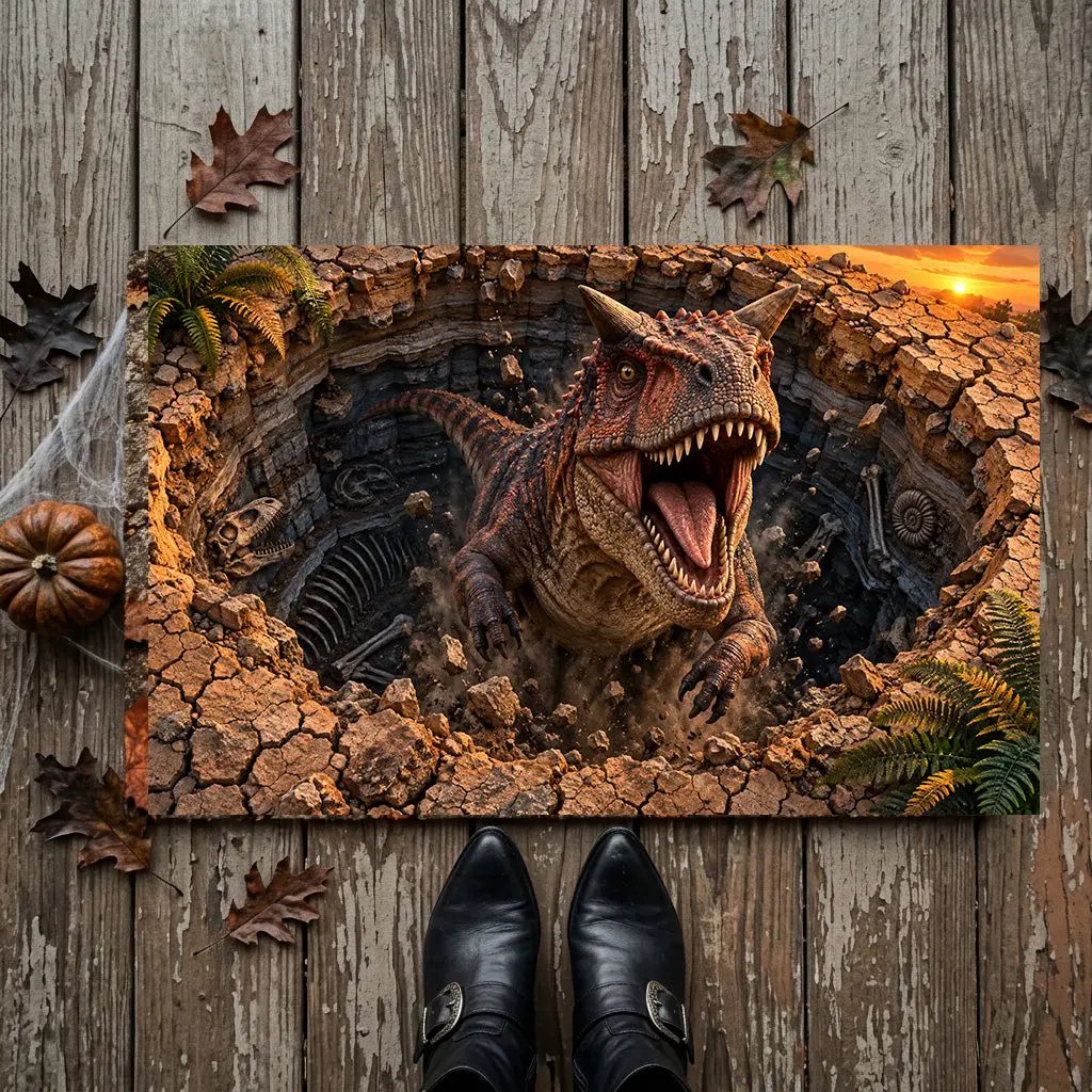 Carnotaurus 3D Optical Illusion Doormat, Dinosaur Fossil Pit Floor Mat, Prehistoric Dinosaur Door Mat, Dino Lover Gift