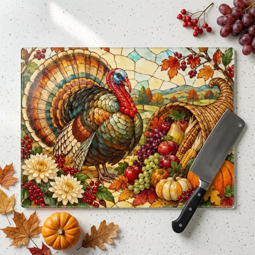 Thanksgiving Turkey Glass Cutting Board, Stained Glass Harvest Kitchen Decor, Fall Turkey Chopping Board, Country Thanksgiving Gift