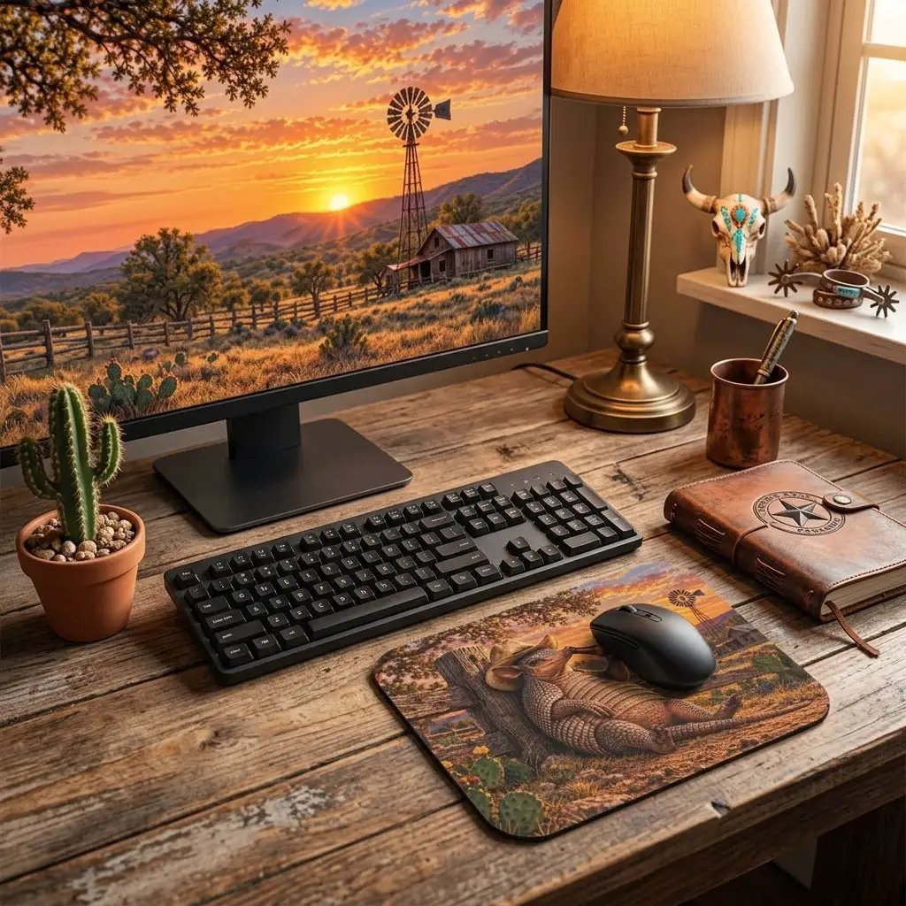 Funny Armadillo Mouse Pad, Texas Cowboy Desk Decor, Beer Lover Gift, Western Office Accessory, Funny Texas Gift for Him