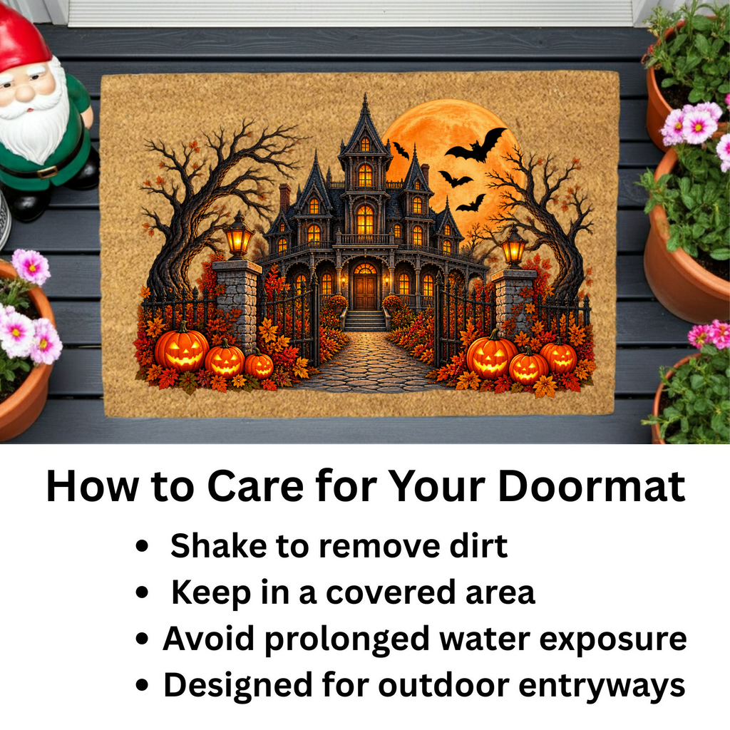 Haunted House Halloween Doormat, Gothic Mansion Coir Welcome Mat, Spooky Fall Porch Decor, Pumpkin Front Door Mat, Halloween Entryway