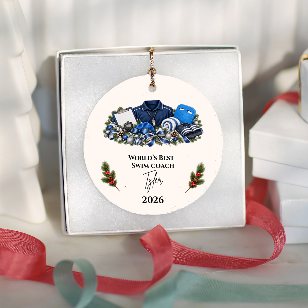 Personalized Swim Coach Ornament, Swimming Coach Christmas Gift, Custom Coach Appreciation Keepsake, Swim Team Gift, Name and Year
