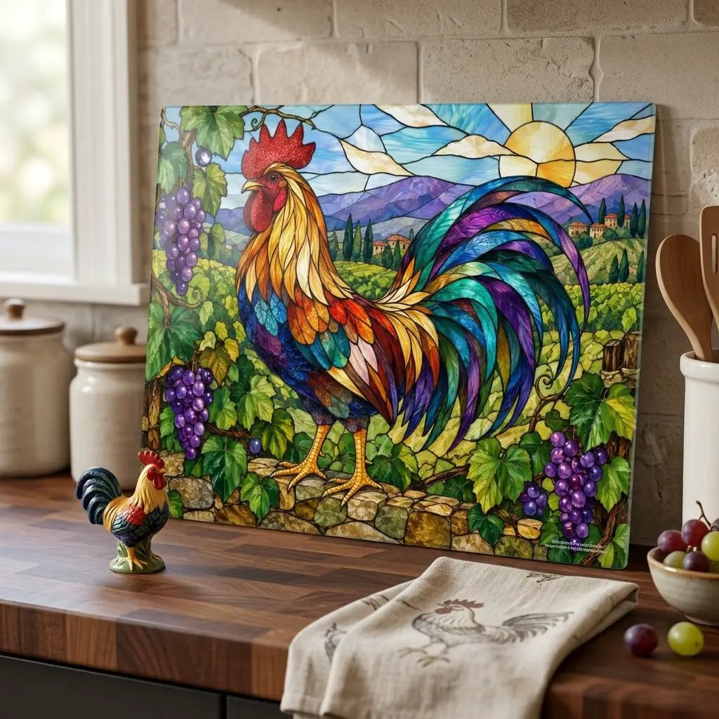 Rooster Glass Cutting Board, Vineyard Kitchen Decor, Colorful Stained Glass Rooster, Tuscan Country Kitchen Gift, Grape Vine Decor
