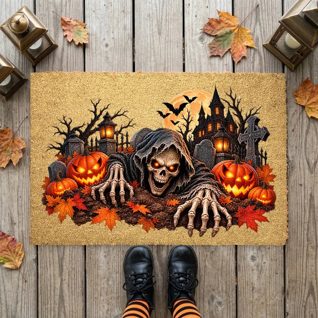 Creepy Skeleton Doormat, Grim Reaper Halloween Coir Mat, Scary Jack O Lantern Welcome Mat, Haunted House Spooky Porch Decor
