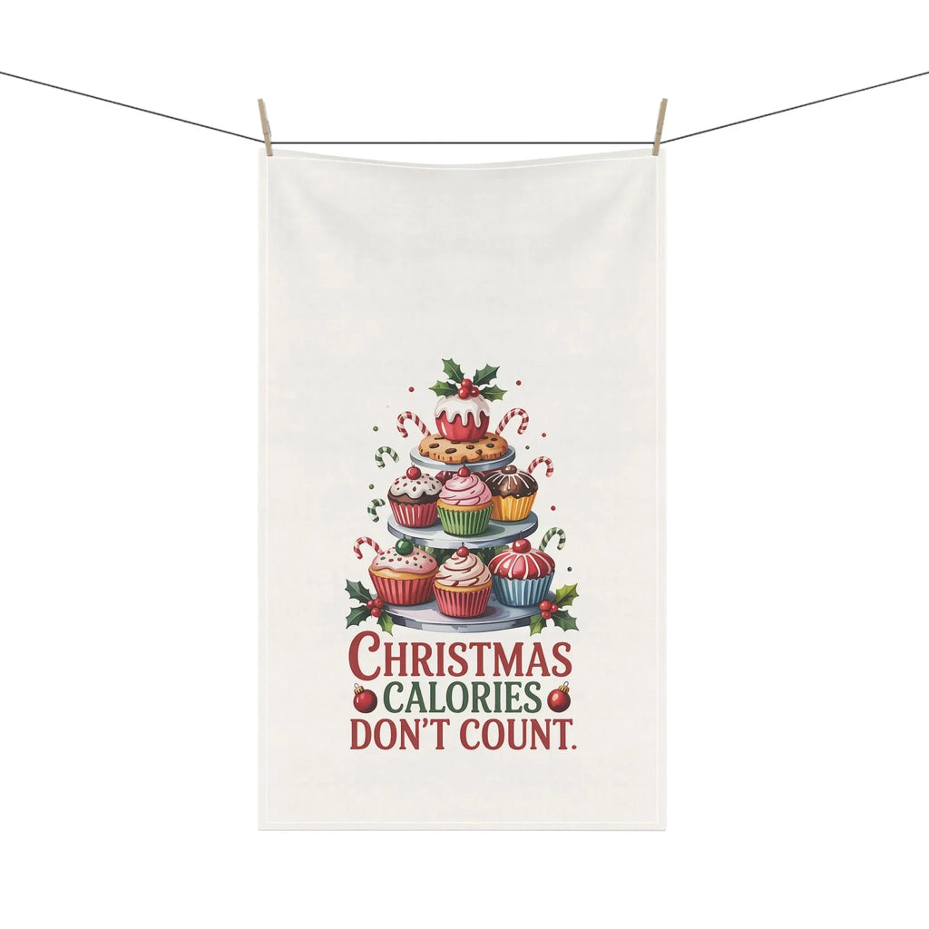 Christmas Calories Don't Count Tea Towel – Festive Cupcake Holiday Kitchen Towel