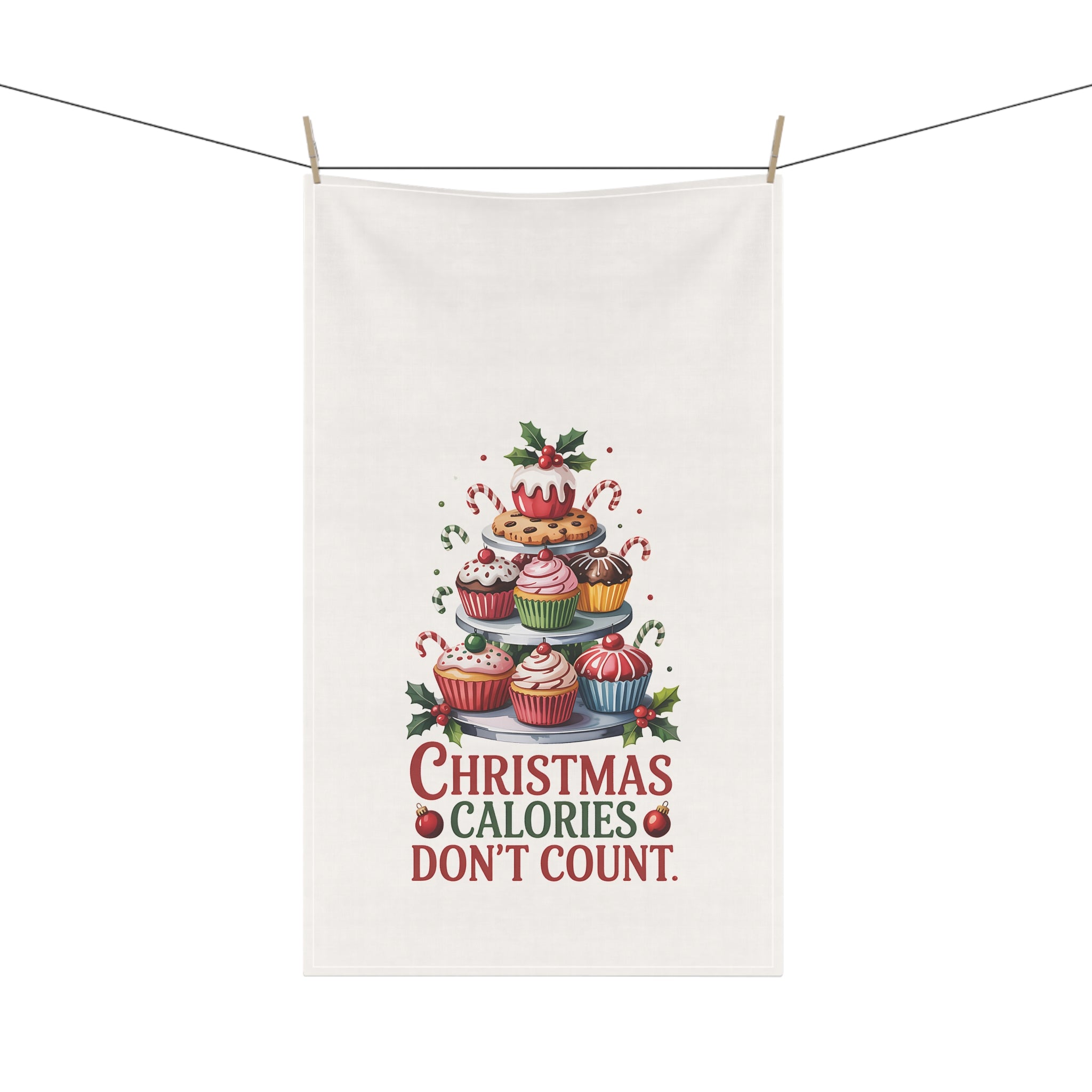 Christmas Calories Don't Count Tea Towel – Festive Cupcake Holiday Kitchen Towel