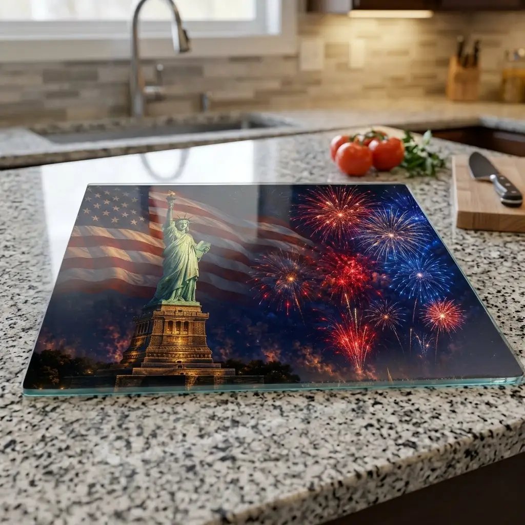 Statue of Liberty Cutting Board, American Flag Glass Cutting Board, 4th of July Kitchen Decor, Patriotic Gift, Americana Decor