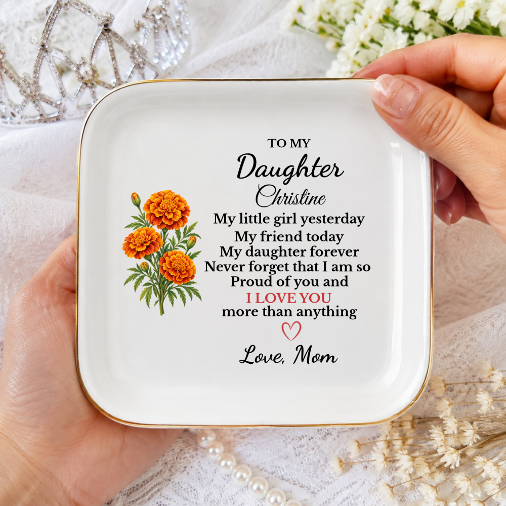 Personalized Daughter Birth Flower Jewelry Dish, Custom Name Trinket Tray, Sentimental Gift from Mom, Birthday Gift for Adult Daughter