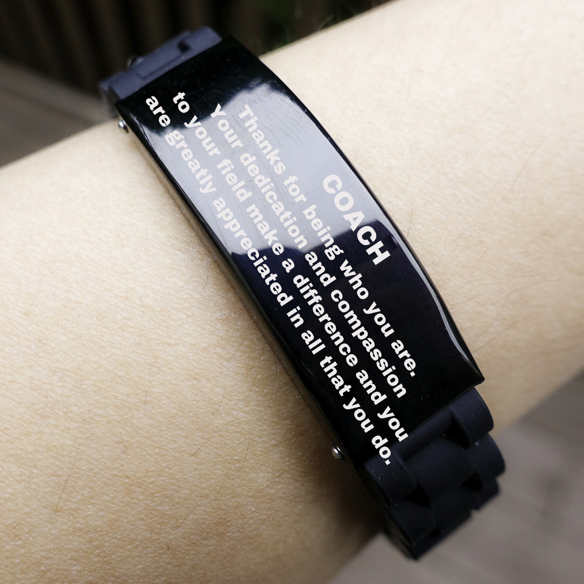 Coach Black  Glidelock Clasp Engraved Bracelet - Thanks for being who you are - Birthday Christmas Jewelry Gifts Coworkers Colleague Boss - Mallard Moon Gift Shop