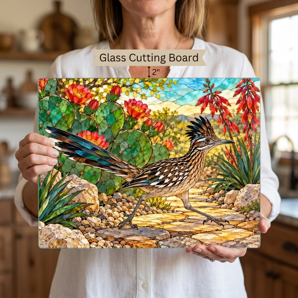 Roadrunner Glass Cutting Board, Desert Bird Kitchen Decor, Southwestern Cactus Chopping Board, Wildlife Lover Gift, Kitchen Counter Accent