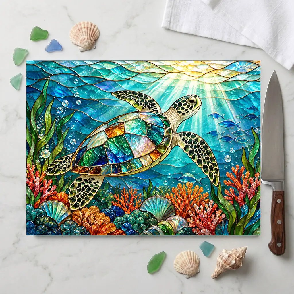 Sea Turtle Glass Cutting Board, Ocean Kitchen Decor, Marine Life Serving Board, Coastal Home Gift, Underwater Art Kitchen Accessory