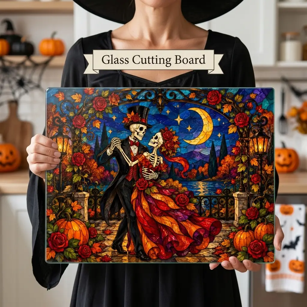 Halloween Skeleton Dancing Couple Personalized Glass Cutting Board, Gothic Romance Kitchen Decor