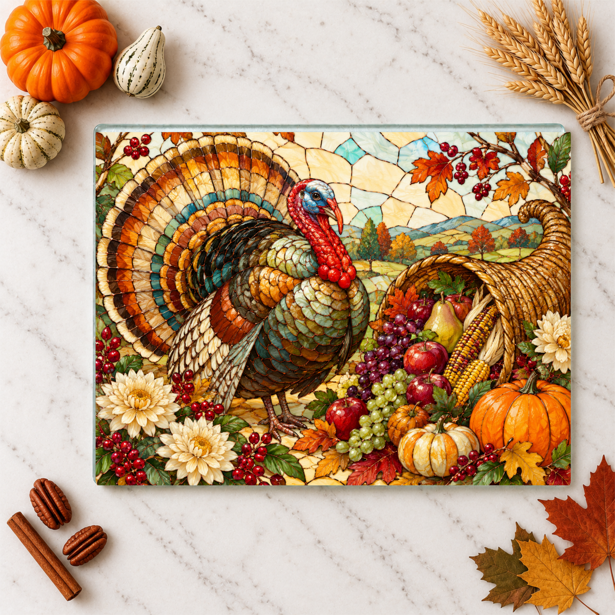 Thanksgiving Turkey Glass Cutting Board, Stained Glass Harvest Kitchen Decor, Fall Turkey Chopping Board, Country Thanksgiving Gift