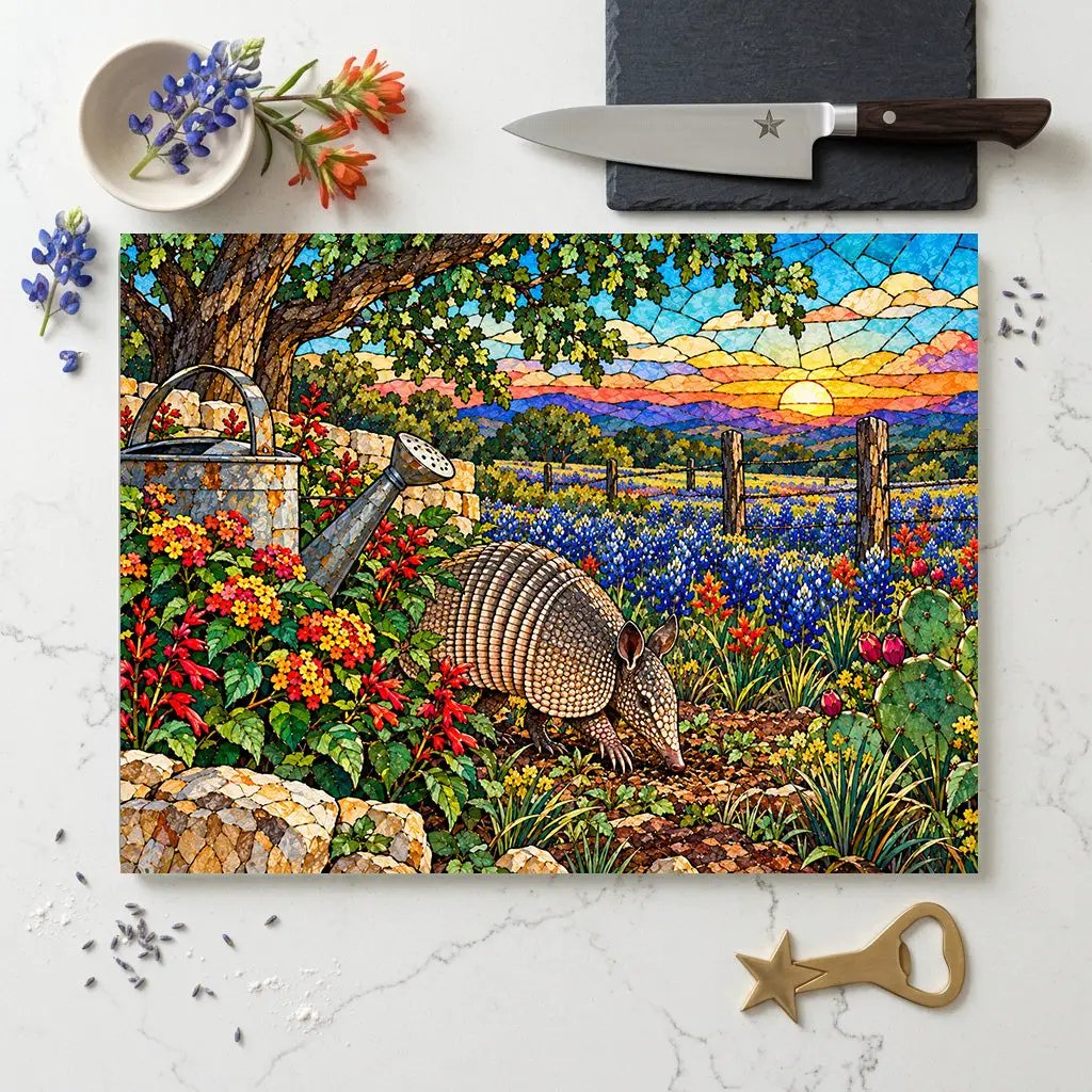 Texas Armadillo Glass Cutting Board, Bluebonnet Kitchen Decor, Stained Glass Style Texas Wildlife Gift, Country Garden Housewarming Gift