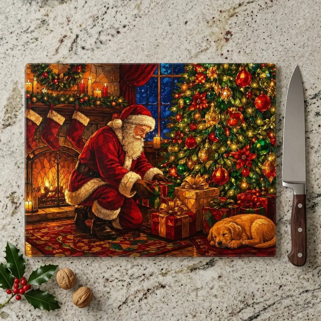 Santa Christmas Glass Cutting Board, Santa and Puppy Kitchen Decor, Christmas Eve Serving Board, Stained Glass Holiday Gift, Santa Decor