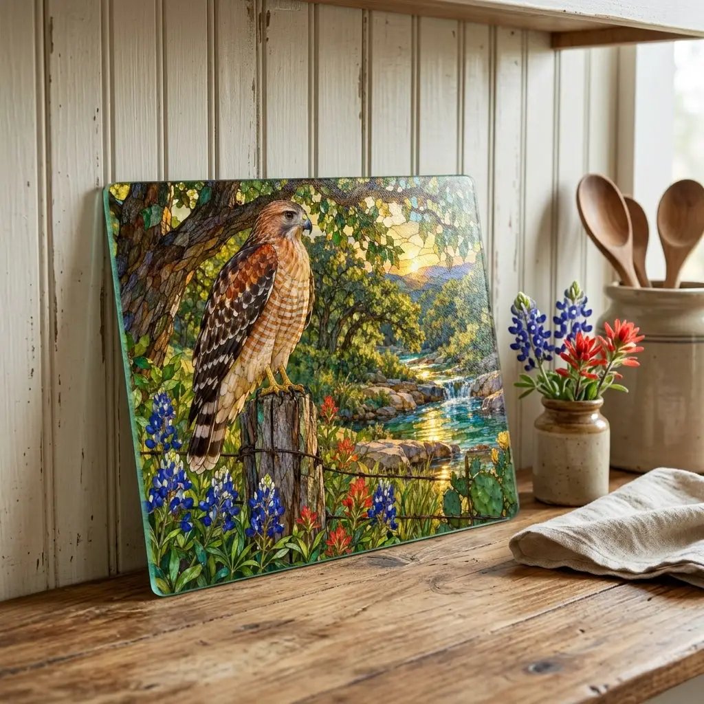 Red-Shouldered Hawk Glass Cutting Board, Bird Lover Kitchen Decor, Wildlife Art Chopping Board, Nature-Inspired Hostess Gift for Birdwatcher