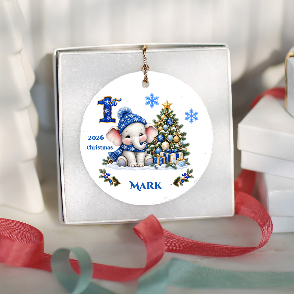 Elephant Baby Personalized Christmas Ornament Blue, Baby's 1st 2nd 3rd Christmas, Custom Name Year Ceramic Keepsake, Girl Gift