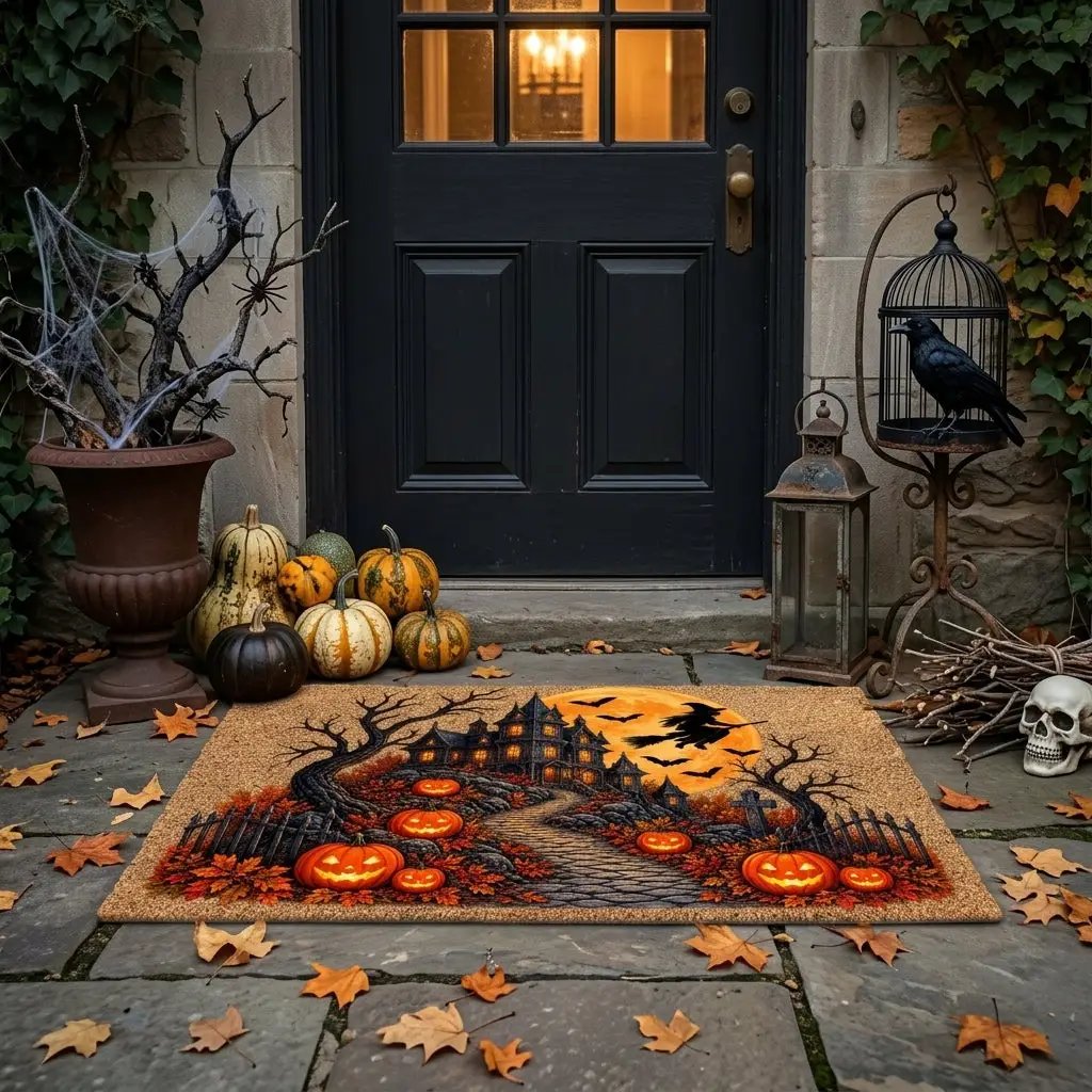 Haunted House Doormat, Halloween Witch Welcome Mat, Spooky Mansion Coir Doormat, Jack O Lantern Door Mat, Gothic Halloween Porch Decor