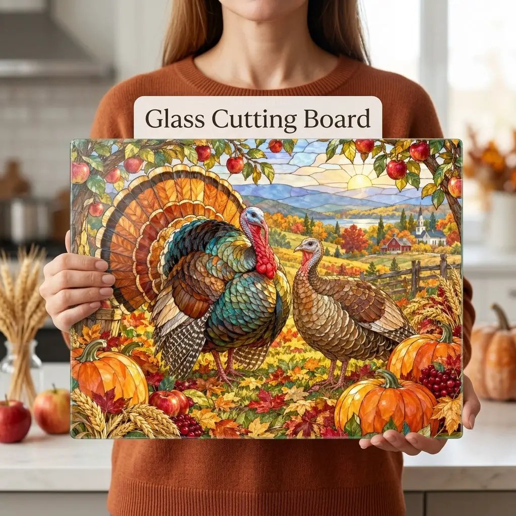 Thanksgiving Turkey Glass Cutting Board, Stained Glass Turkey Kitchen Decor, Fall Harvest Chopping Board, Thanksgiving Gift