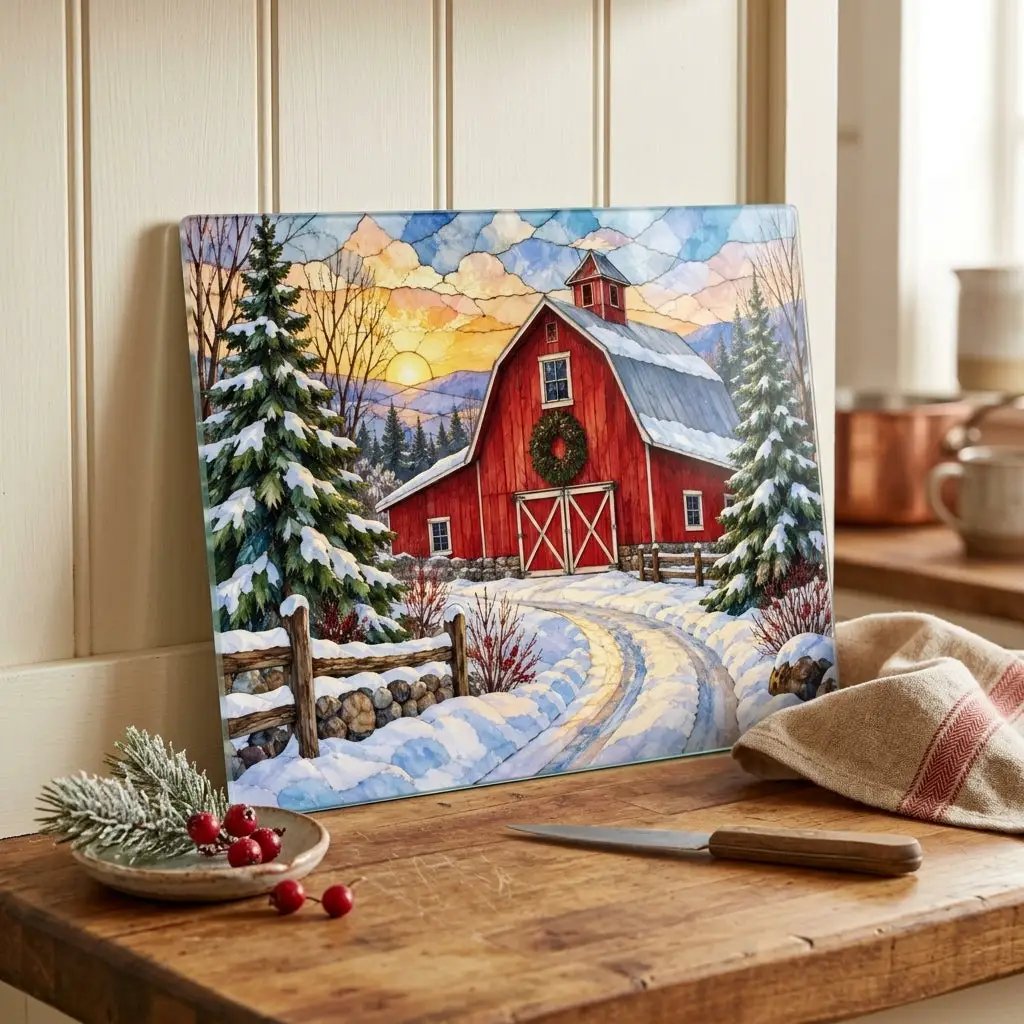 Winter Red Barn Glass Cutting Board, Snowy Country Road Farmhouse Kitchen Decor, Rustic Christmas Barn Gift