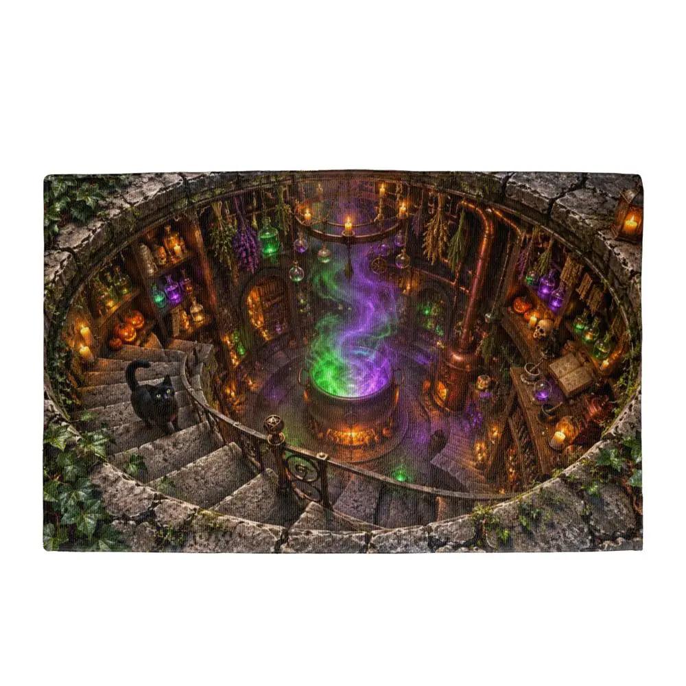 Witch Cauldron Halloween Doormat, 3D Witch Stairwell Illusion Door Mat, Black Cat Spooky Welcome Mat, Witchy Halloween Decor