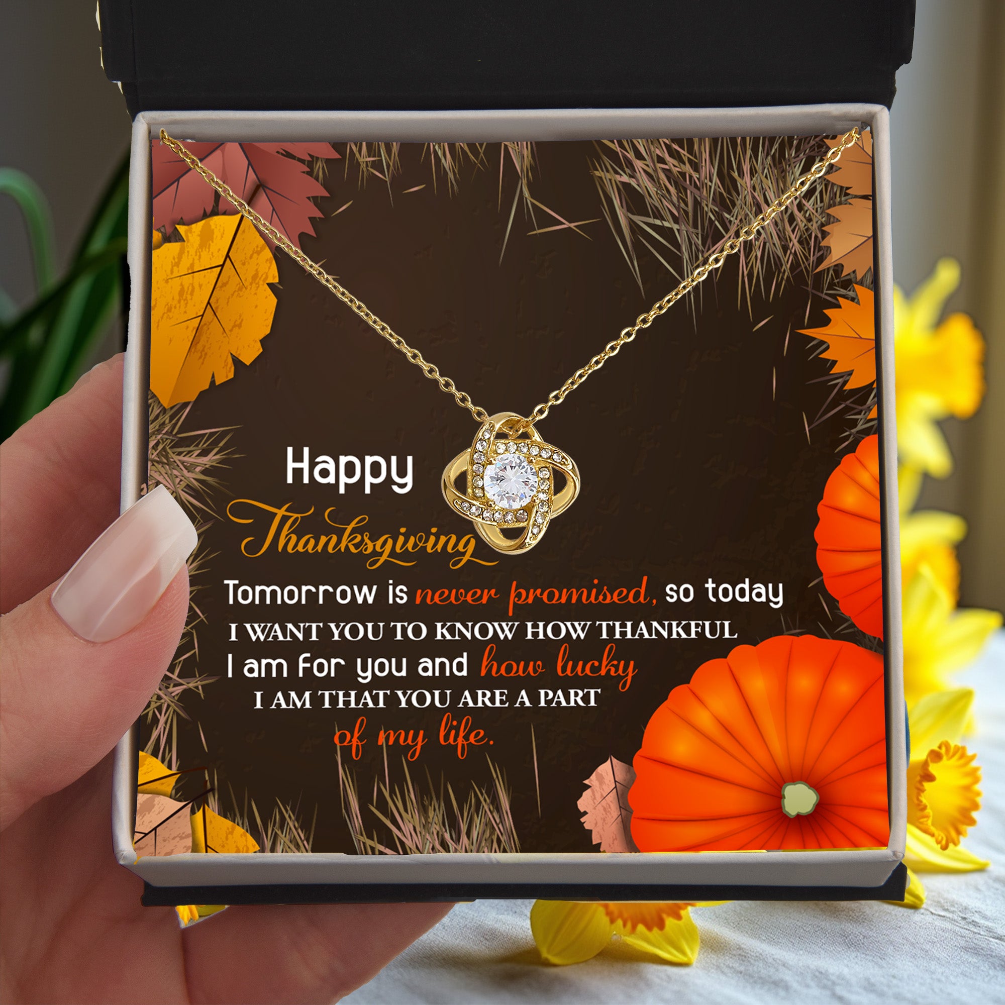 Thanksgiving Gift for Her – “How Lucky I Am” Love Knot Necklace with Message Card | Heartfelt Gratitude Gift for Mom, Wife, or Friend