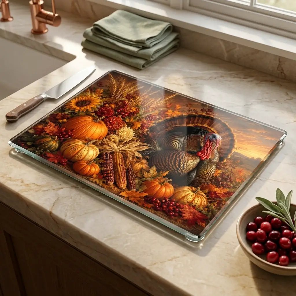 Turkey Glass Cutting Board, Thanksgiving Kitchen Decor, Fall Harvest Cutting Board, Turkey Hostess Gift