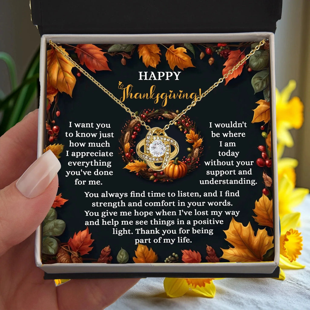 Happy Thanksgiving Love Knot Necklace Gift | Appreciation Message Card for Someone Special | Heartfelt Fall Holiday Jewelry Gift
