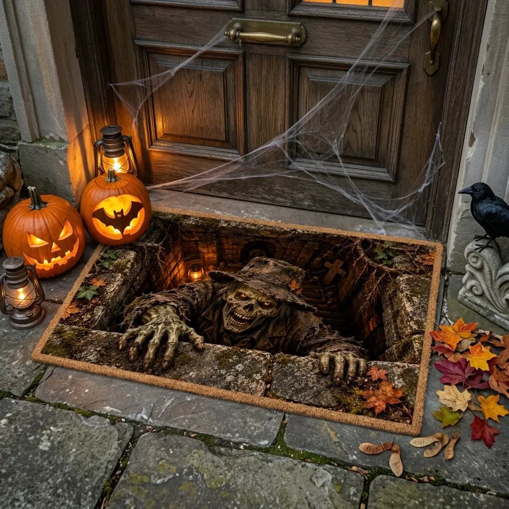 Undead Groundskeeper Halloween Doormat, 3D Zombie Optical Illusion Mat, Creepy Graveyard Door Mat, Haunted Crypt Halloween Decor