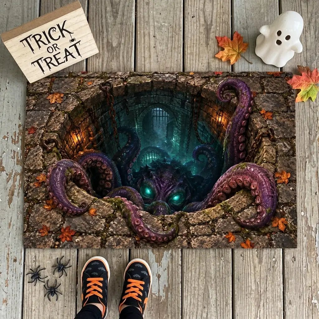 Tentacle Monster 3D Optical Illusion Doormat, Creepy Dungeon Floor Mat, Scary Octopus Monster Door Mat, Horror Halloween Decor