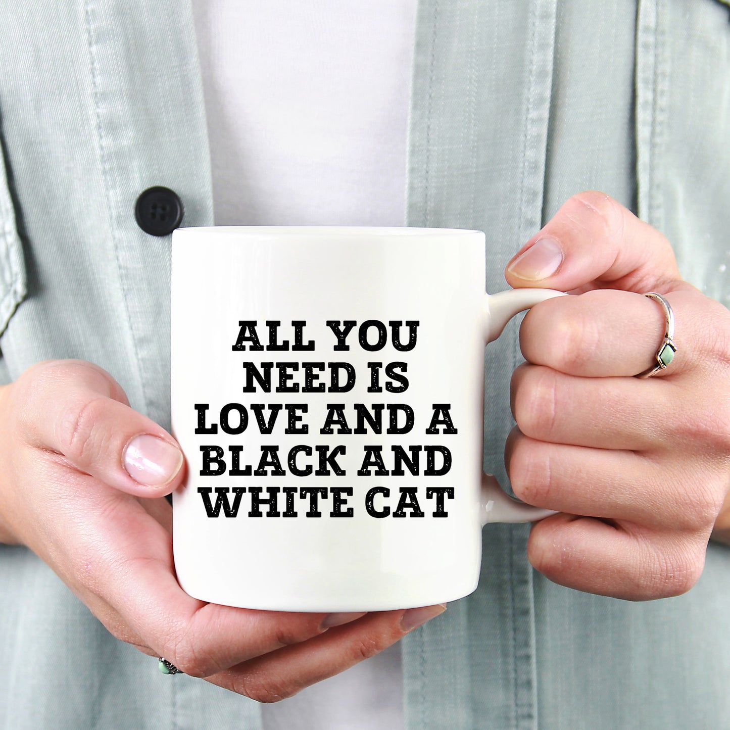 Funny Black and White Cat Coffee Mugs for Graduation Gifts from Friends and Family - 'All You Need Is Love And A Black And White Cat' Quote