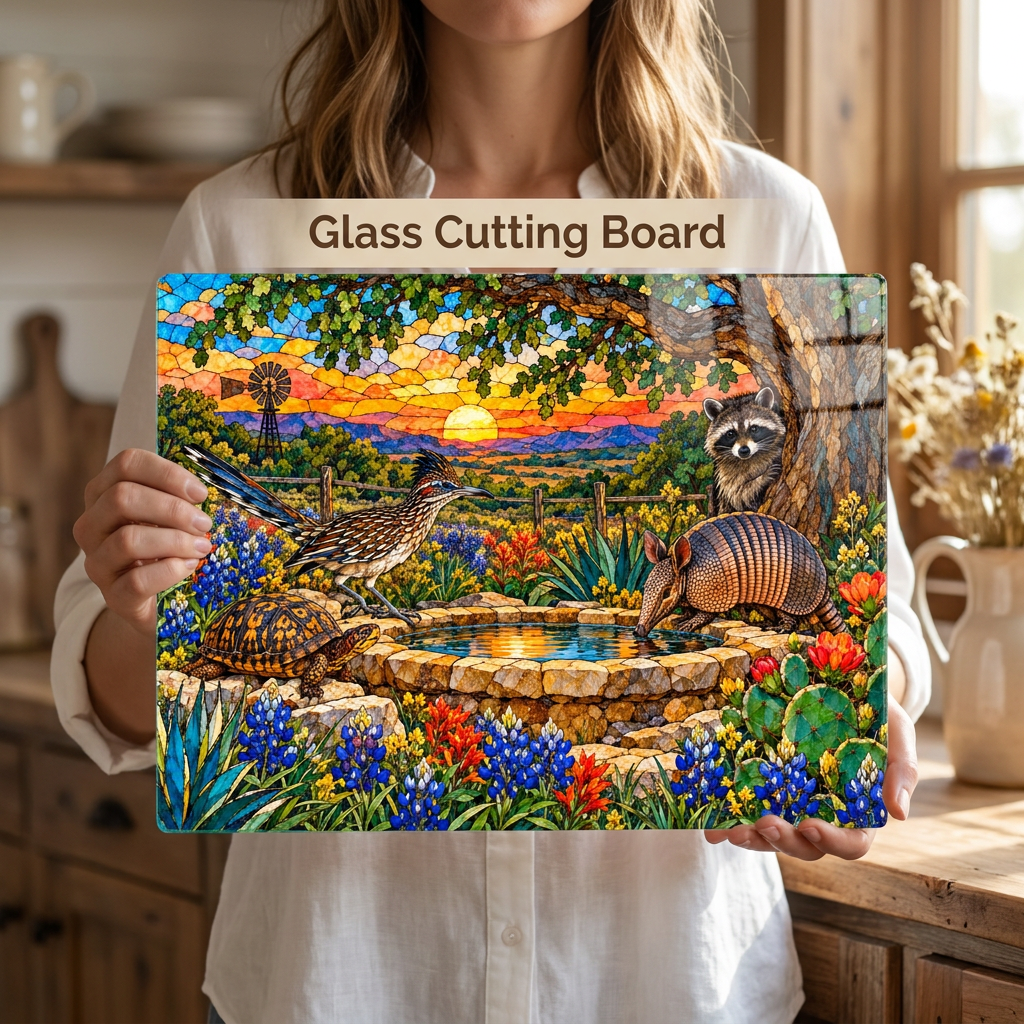 Texas Wildlife Glass Cutting Board, Roadrunner Armadillo Raccoon Bluebonnet Kitchen Decor, Waterhole Texas Gift, Colorful Southwest Art