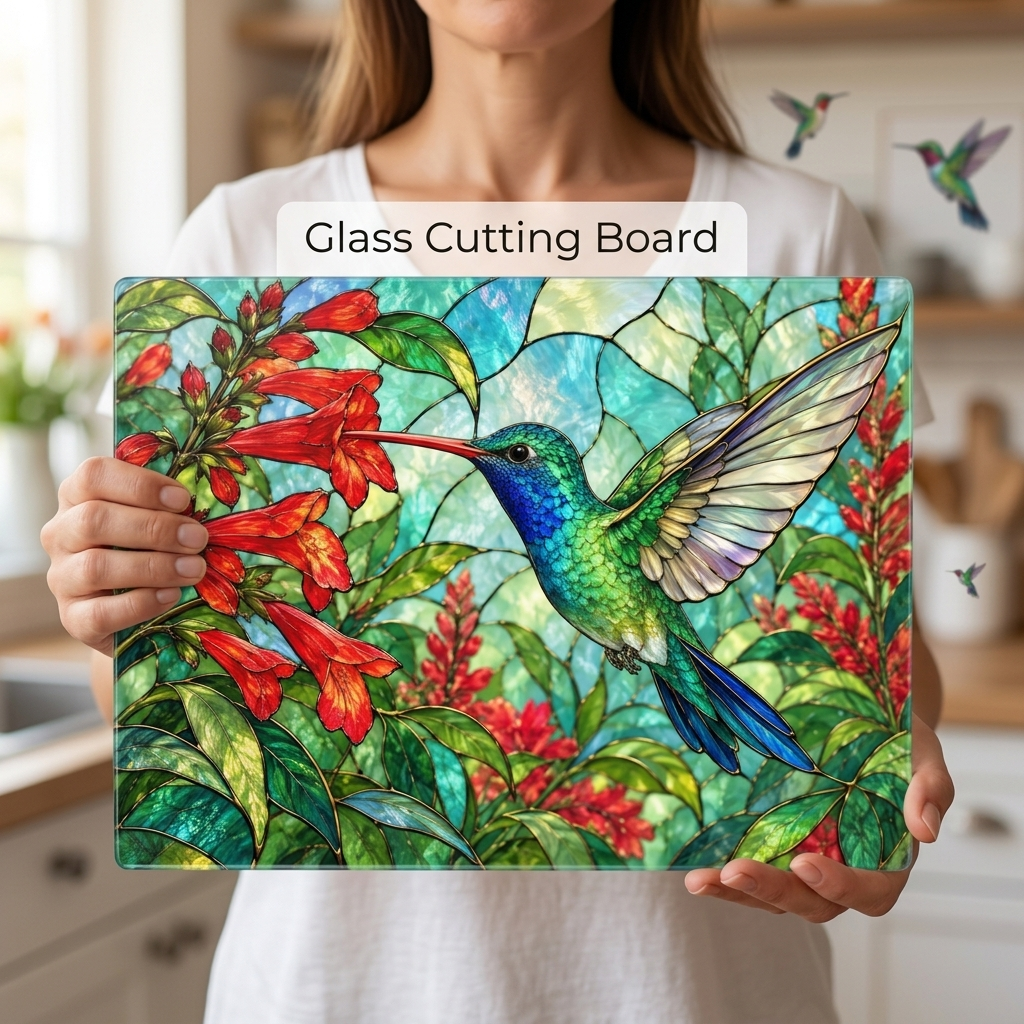Hummingbird Cutting Board, Stained Glass Hummingbird Decor, Red Flower Kitchen Decor, Bird Lover Gift, Nature Inspired Gift