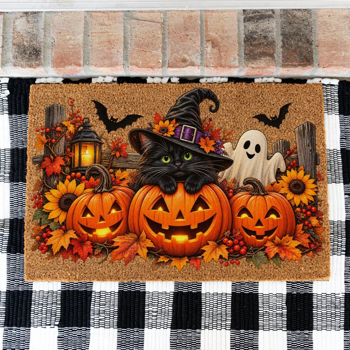 Halloween Cat Doormat, Black Cat Pumpkin Coir Mat, Cute Ghost Welcome Mat, Witch Cat Fall Porch Decor, Spooky Halloween Door Mat
