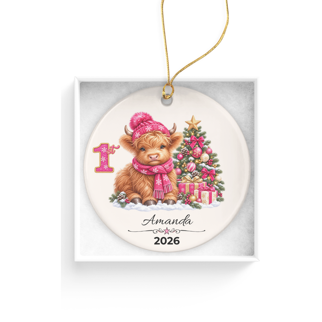 Personalized Christmas Ornament – Pink or Blue Highland Cow First, Second, Third Christmas 2026, Custom Name Keepsake, 3 Inch Ceramic Holiday Decor