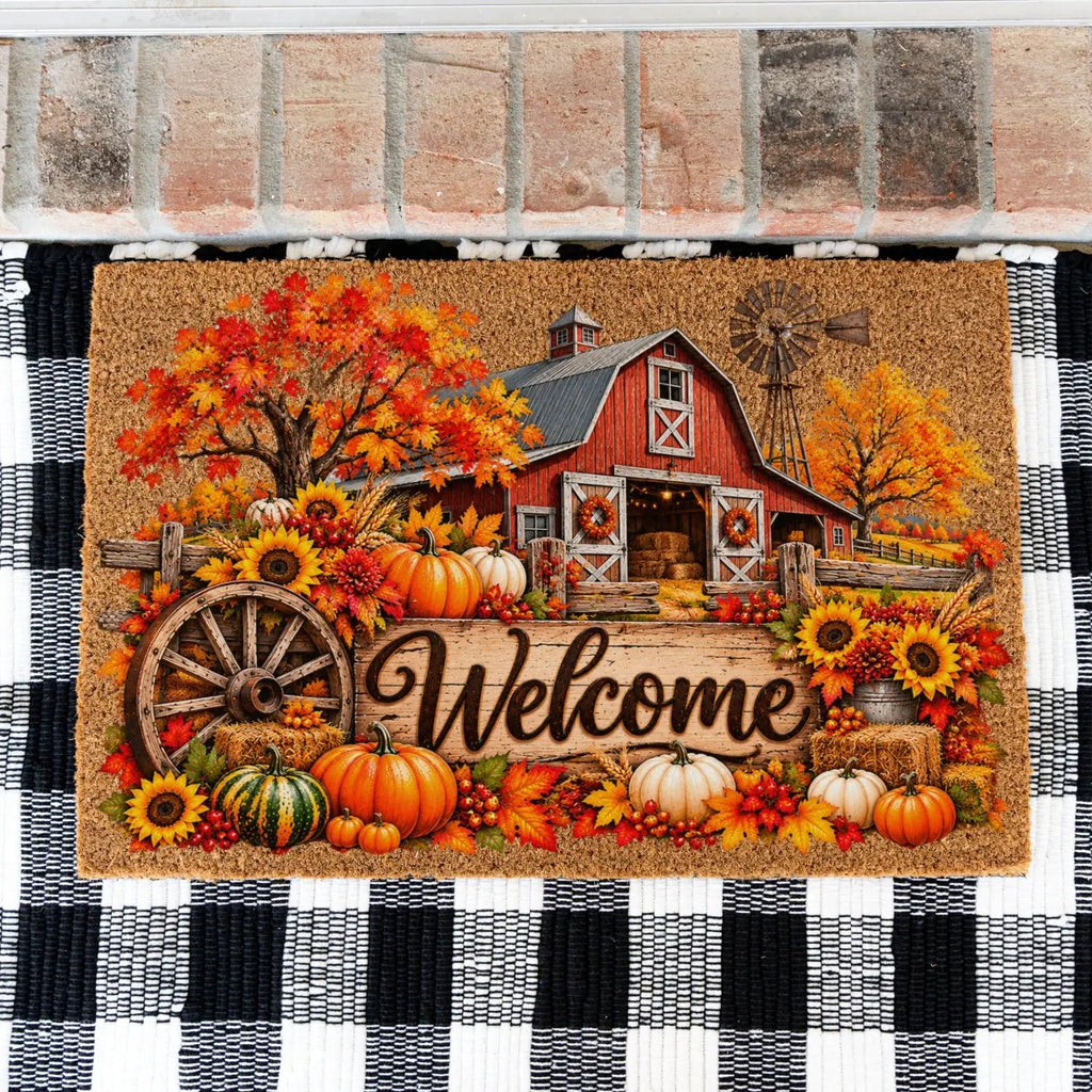 Fall Barn Welcome Doormat, Country Farmhouse Coir Mat, Autumn Pumpkin Door Mat, Harvest Porch Decor, Rustic Thanksgiving Welcome Mat