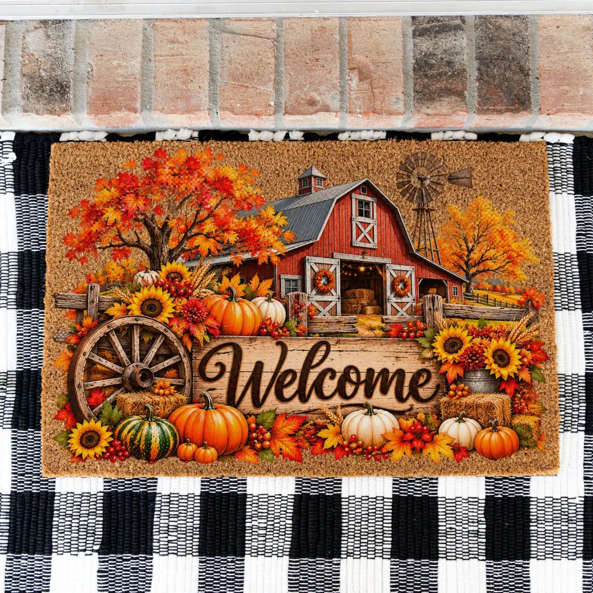 Fall Barn Welcome Doormat, Country Farmhouse Coir Mat, Autumn Pumpkin Door Mat, Harvest Porch Decor, Rustic Thanksgiving Welcome Mat