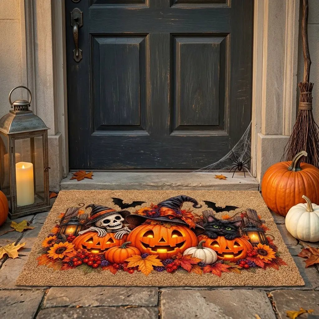 Halloween Doormat, Pumpkin Cat Skeleton Coir Mat, Spooky Fall Welcome Mat, Witch Pumpkin Door Mat, Halloween Porch Decor