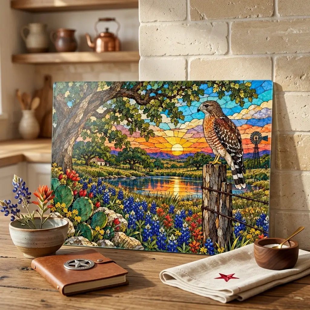 Red Shouldered Hawk Glass Cutting Board, Texas Wildlife Kitchen Decor, Bluebonnet Hawk Art, Bird Lover Gift, Rustic Texas Gift