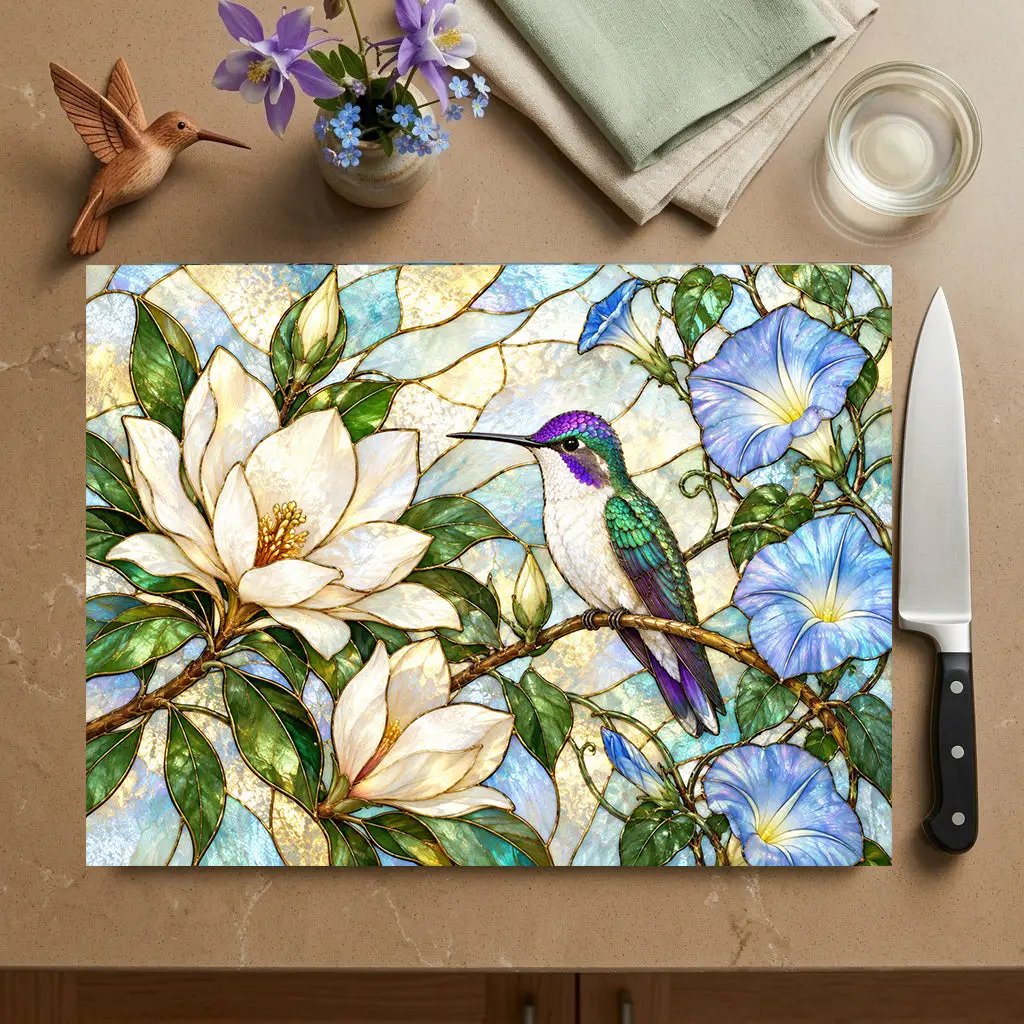 Hummingbird Cutting Board, Stained Glass Bird Decor, Magnolia Flower Kitchen Decor, Morning Glory Gift, Nature Lover Gift