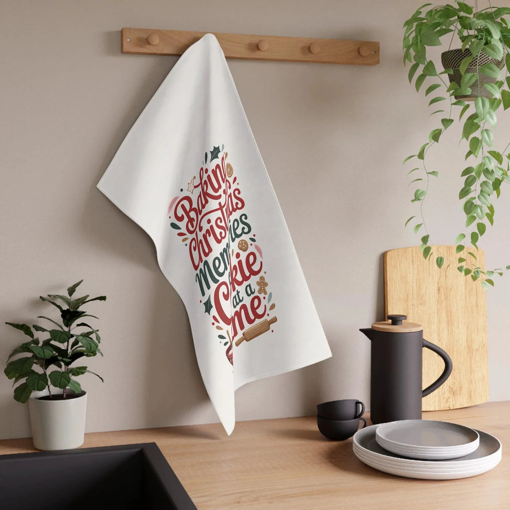 Christmas Baking Tea Towel — “Baking Christmas Memories One Cookie at a Time” Kitchen Towel