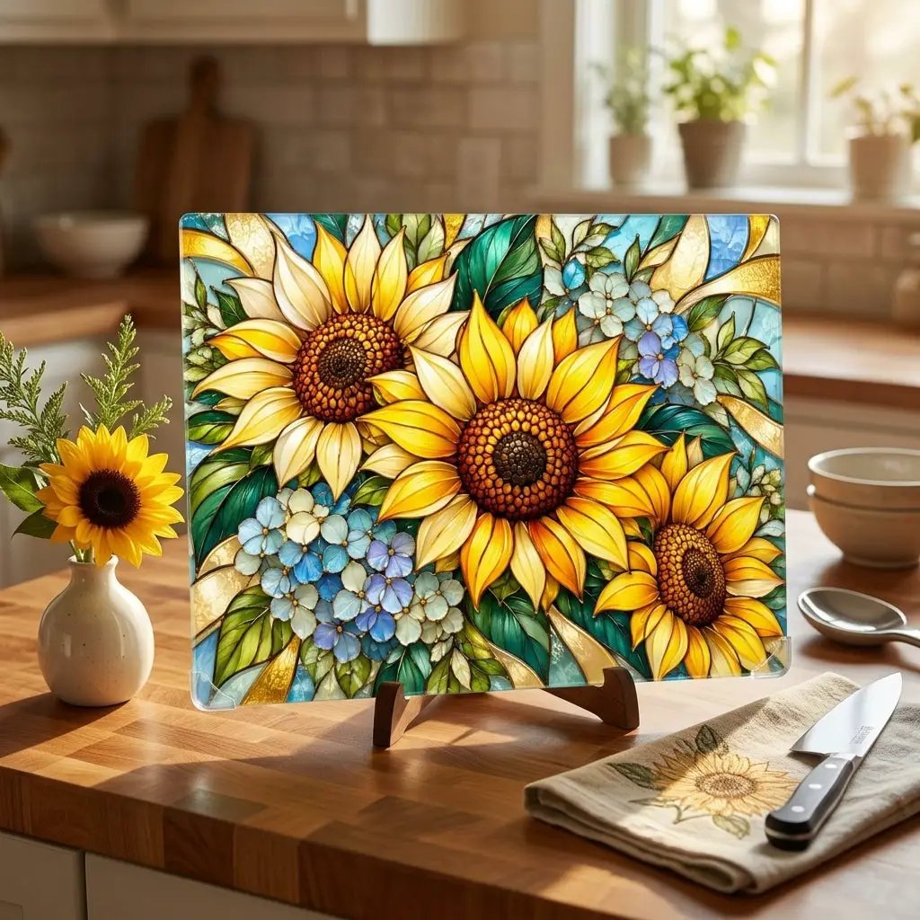Sunflower Glass Cutting Board, Blue Hydrangea Kitchen Decor, Yellow Floral Cutting Board, Flower Lover Gift, Stained Glass Kitchen Art