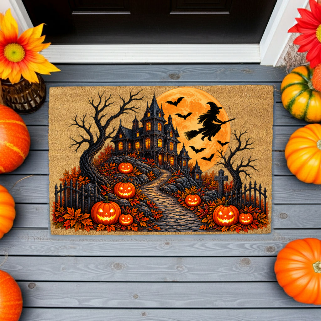 Haunted House Doormat, Halloween Witch Welcome Mat, Spooky Mansion Coir Doormat, Jack O Lantern Door Mat, Gothic Halloween Porch Decor