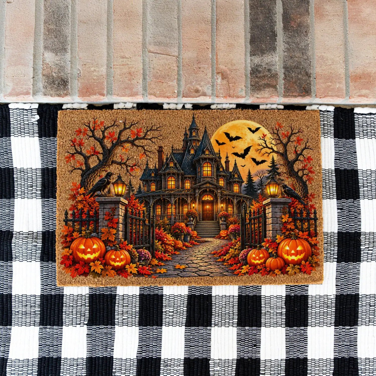Spooky Mansion Doormat, Haunted House Halloween Welcome Mat, Raven & Pumpkin Coir Doormat, Gothic Fall Porch Decor, Halloween Door Mat