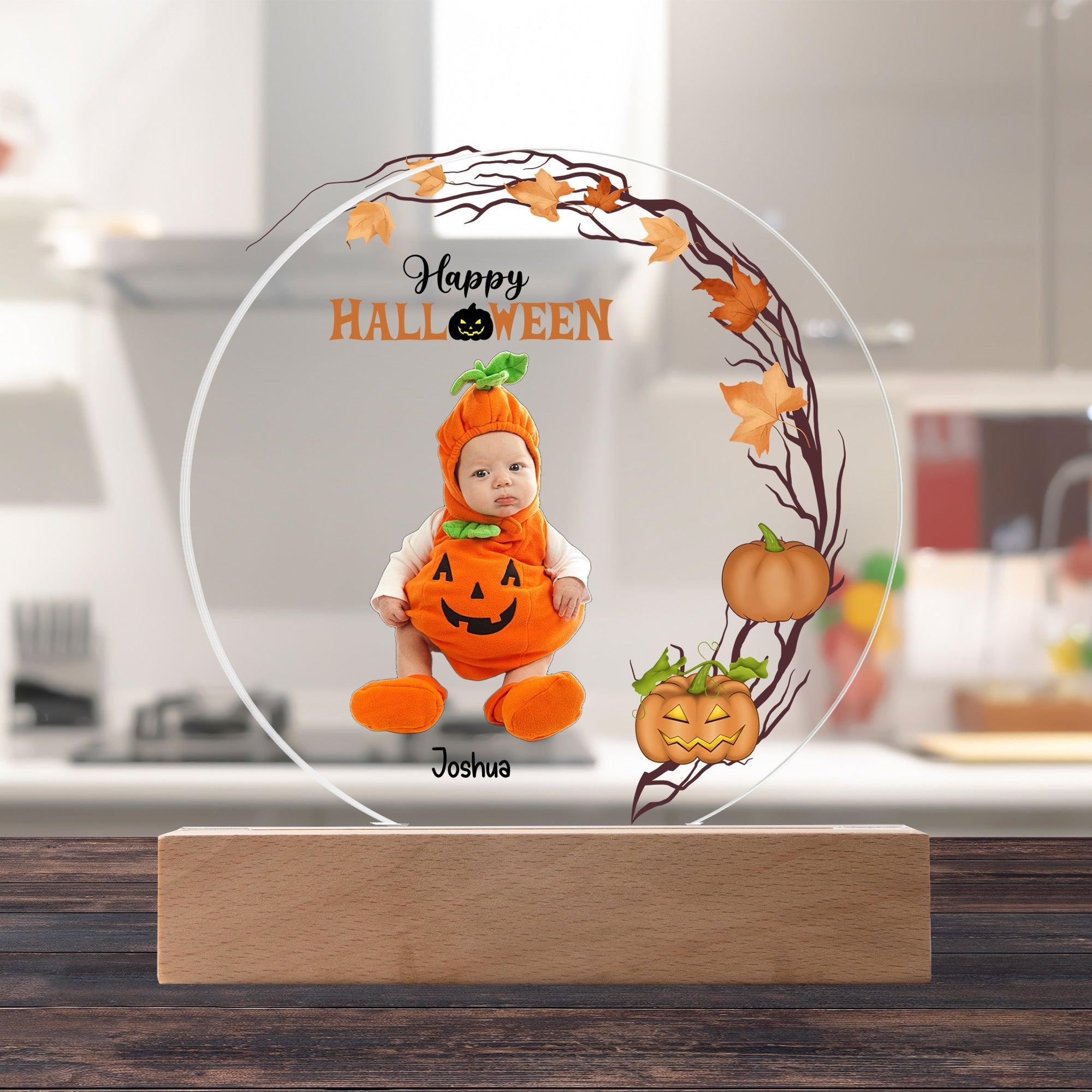 Personalized Halloween Photo Upload - Baby First Halloween Keepsake - Family Costume Round Acrylic Plaque with LED Lighted Base - Mallard Moon Gift Shop