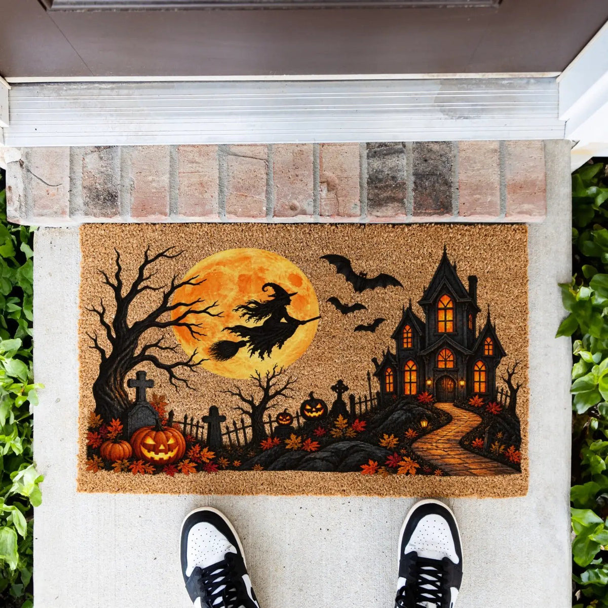 Halloween Witch Doormat, Haunted House Coir Welcome Mat, Spooky Graveyard Porch Decor, Full Moon Halloween Door Mat, Fall Entryway Decor