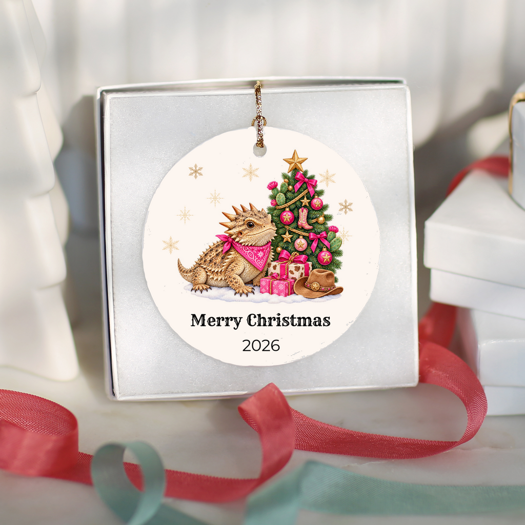 Personalized Horny Toad Christmas Ornament, Texas Horned Lizard, Western Cowboy Cowgirl Decor, Blue or Pink, Custom Name Year Gift