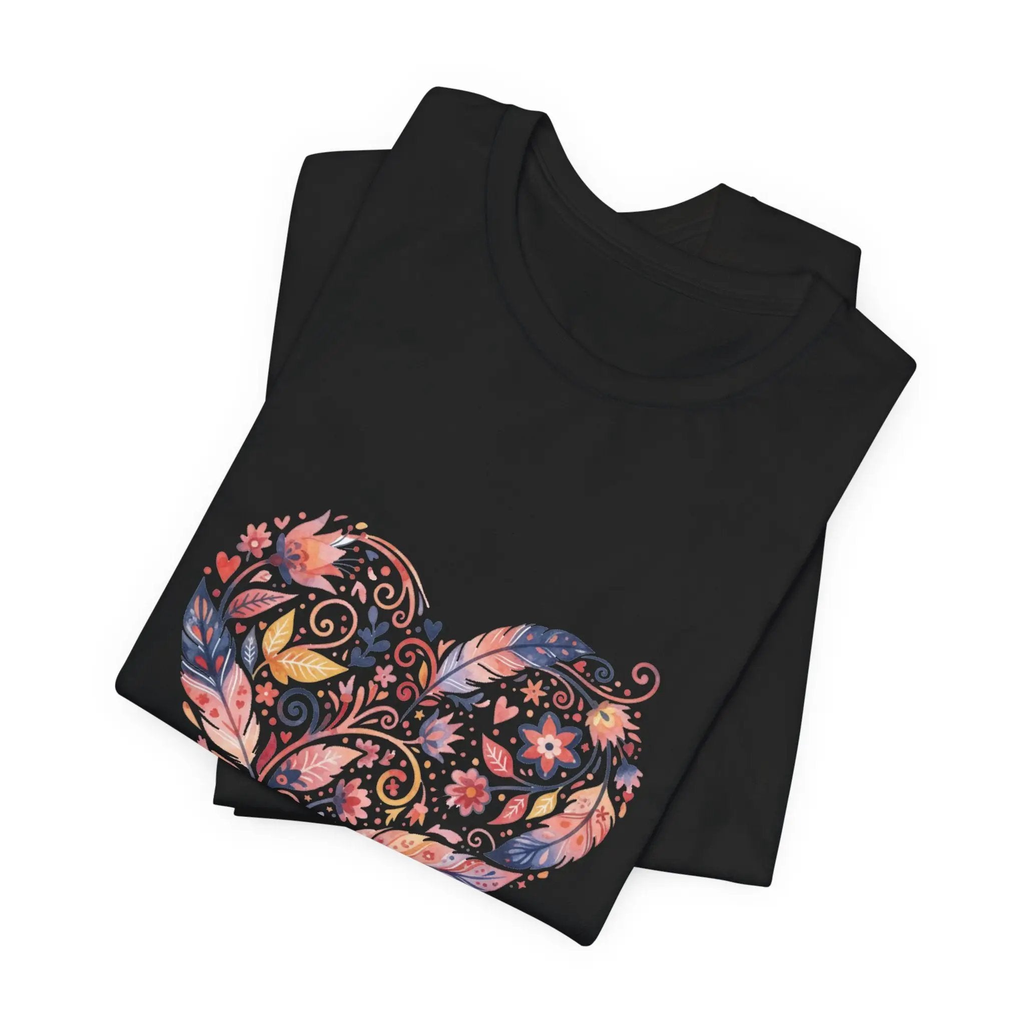 Floral Heart Graphic Tee — Boho Feather & Flower Design - Mallard Moon