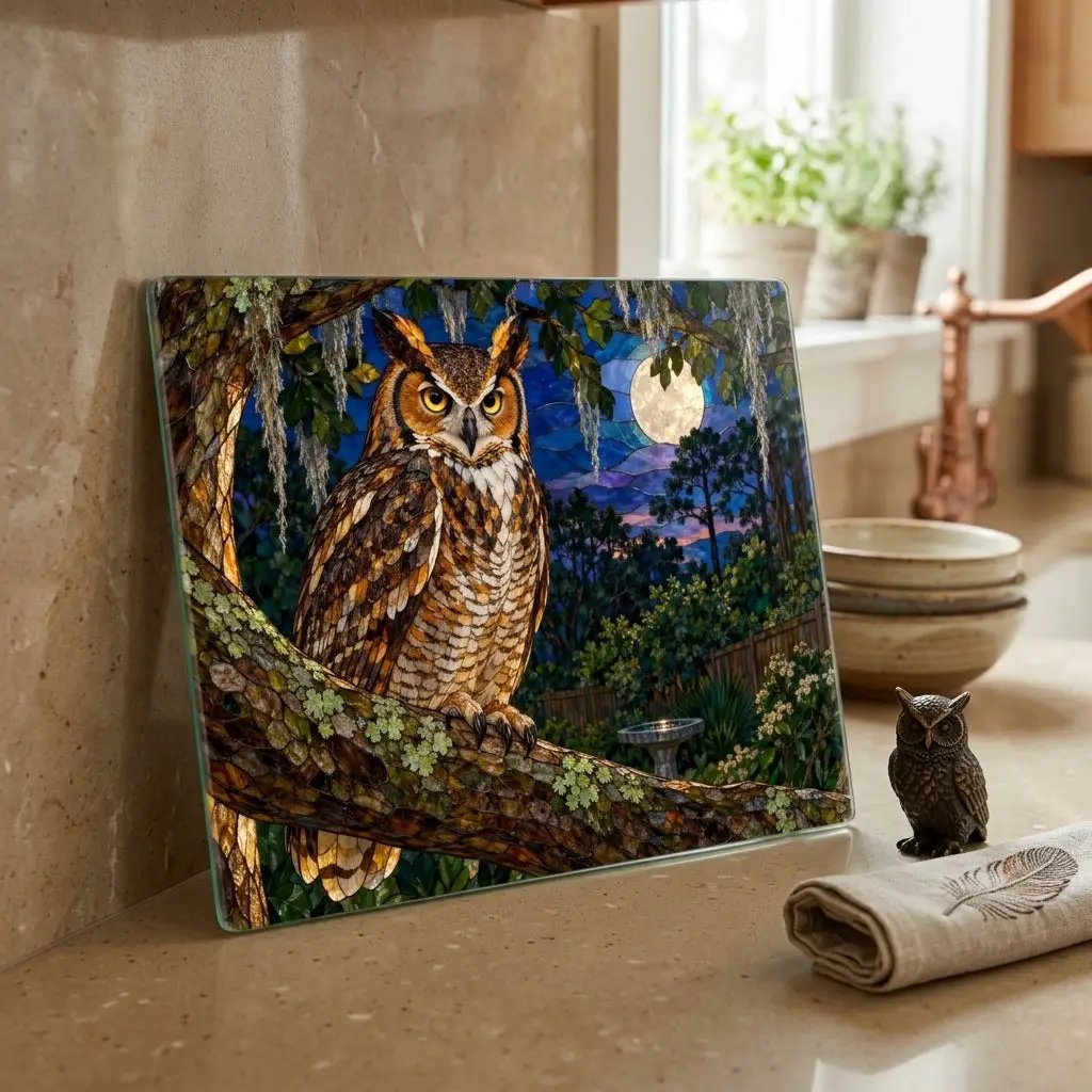 Great Horned Owl Glass Cutting Board, Owl Kitchen Decor, Backyard Bird Lover Gift, Birdwatcher Gift, Woodland Serving Board